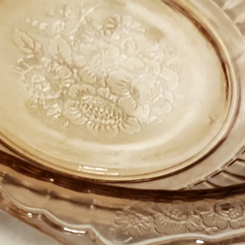 Vintage frosted pink Depression glass square serving bowl with handles